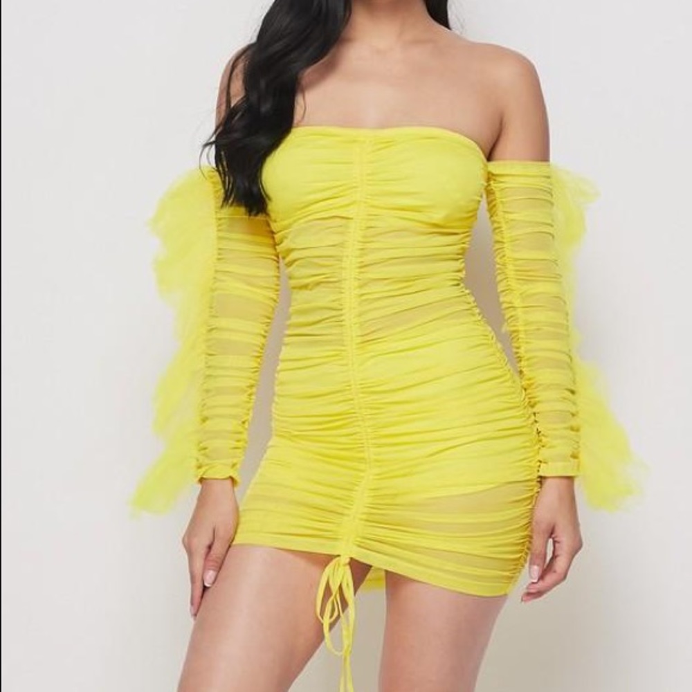 🆕 Yellow Sheer Ruffle Sexy Club Dress